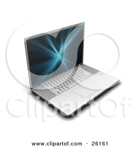 Clipart Illustration of a Silver Laptop Computer With A Blue And Black Fractal Screen Saver by KJ Pargeter