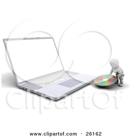 Clipart Illustration of a White Character Carrying A Cd To A Laptop Computer by KJ Pargeter