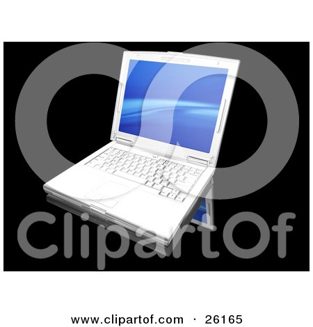 Clipart Illustration of a White Laptop Computer With A Blue Wave Screen Saver, On A Black Reflective Surface by KJ Pargeter