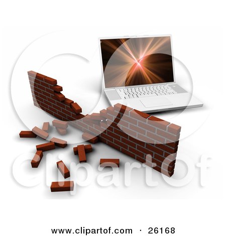 Clipart Illustration of a Laptop Computer Behind A Crumbling Brick Wall, Symbolizing Failing Security by KJ Pargeter