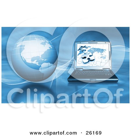 Clipart Illustration of a Laptop With A Jigsaw Puzzle On The Screen, Beside A Globe On A Blue Background by KJ Pargeter