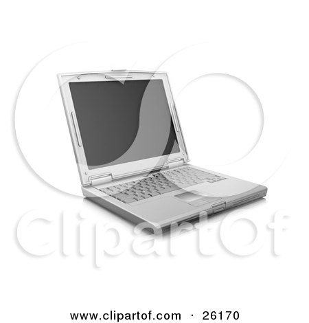 Clipart Illustration of a Silver Laptop Computer With A Blank Black Screen, Over White by KJ Pargeter