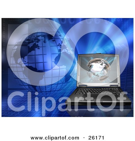 Clipart Illustration of a Laptop Computer With A Wire Globe On The Screen And A Blue Binary Global Background by KJ Pargeter