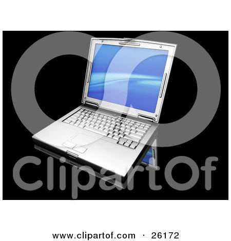 Clipart Illustration of a Silver Laptop Computer With A Blue Wave Screen Saver, On A Black Reflective Surface by KJ Pargeter