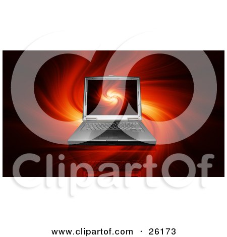 Clipart Illustration of a Laptop Computer With A Flame Backgroud On The Screen And The Same Feiry Backdrop by KJ Pargeter