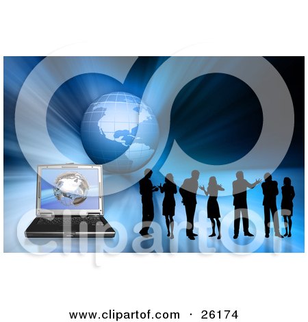 Clipart Illustration of Silhouetted Business People By A Laptop Computer Over A Blue Globe Background by KJ Pargeter