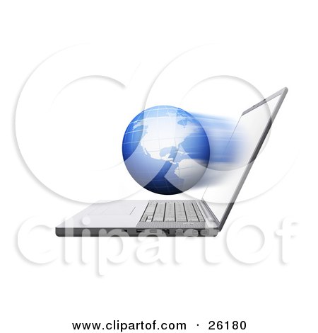 Clipart Illustration of a Fast Globe Emerging From A Laptop Computer Screen by KJ Pargeter