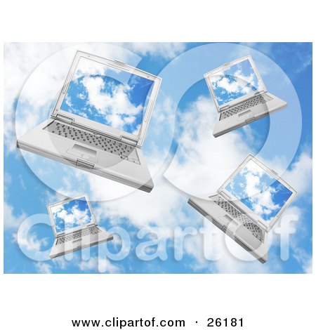 Clipart Illustration of Four Laptop Computers Falling In A Cloudy Blue Sky by KJ Pargeter