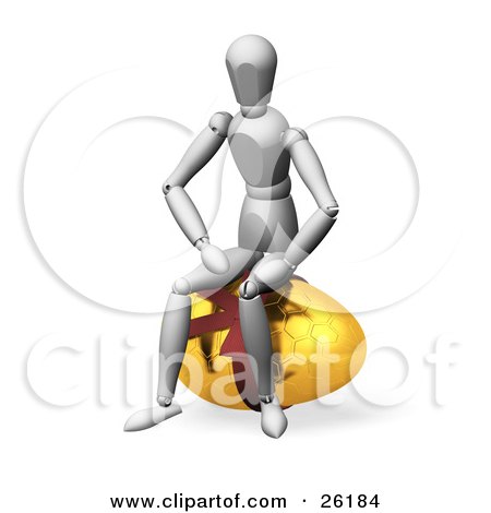 Clipart Illustration of a White Figure Character Sitting On Top Of A Golden Easter Egg With An Octagon Pattern And A Red Bow by KJ Pargeter