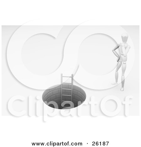 Clipart Illustration of a White Figure Character Standing At The Top Of A Man Hole With A Ladder, Pondering Going Inside by KJ Pargeter