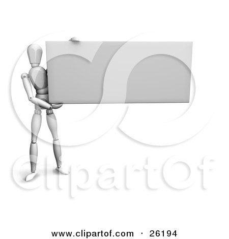 Clipart Illustration of a White Figure Character Holding Up A Big Blank Rectangular Sign by KJ Pargeter
