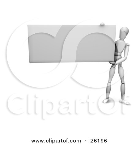 Clipart Illustration of a White Figure Character Standing To The Right, Holding Up A Big Blank Rectangular Sign by KJ Pargeter