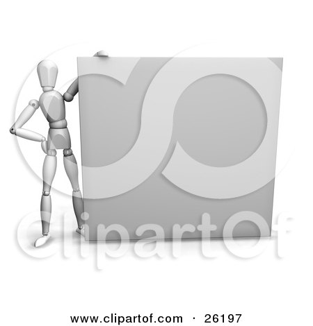 Clipart Illustration of a White Figure Character Holding Up A Large White Blank Billboard by KJ Pargeter