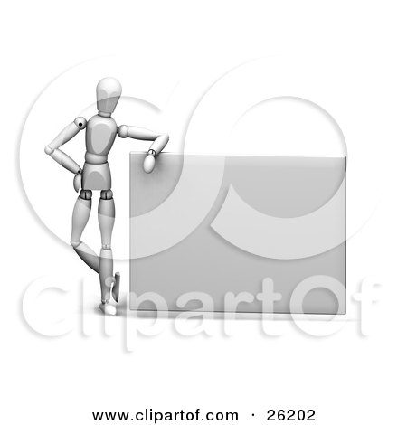 Clipart Illustration of a White Figure Character Leaning On A Large Blank Sign by KJ Pargeter