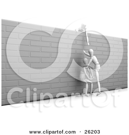 Clipart Illustration of a White Figure Character Reaching Over The Top Of A Wall To Help Two Others Over It by KJ Pargeter