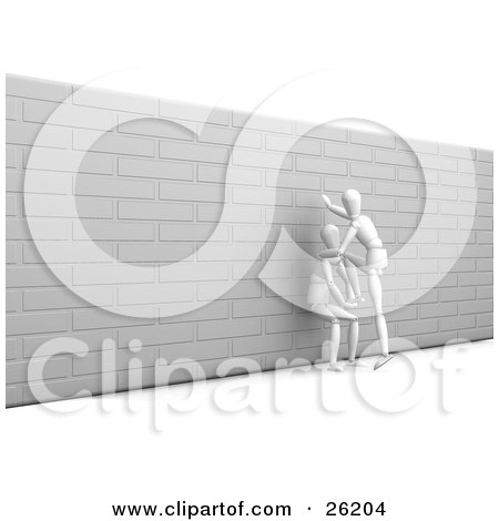 Clipart Illustration of a White Figure Character Crouching And Helping Another Person Over A Brick Wall by KJ Pargeter