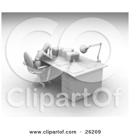 Clipart Illustration of a White Figure Character Rubbing His Head And Sitting At A Desk Stacked With Paper Work by KJ Pargeter