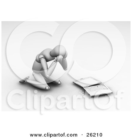Clipart Illustration of a White Figure Character Kneeling Before A Broken Laptop Computer by KJ Pargeter