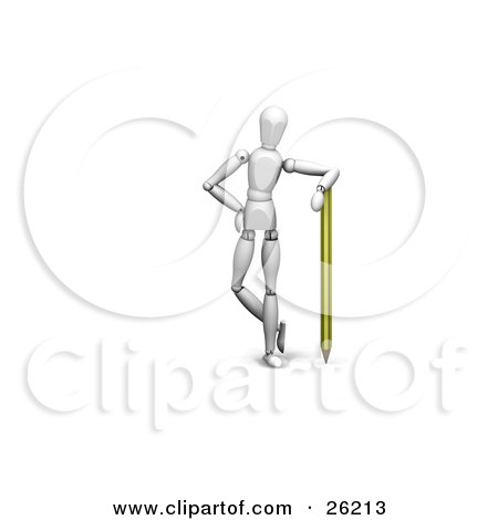 Clipart Illustration of a White Figure Character Leaning On A Yellow Pencil by KJ Pargeter