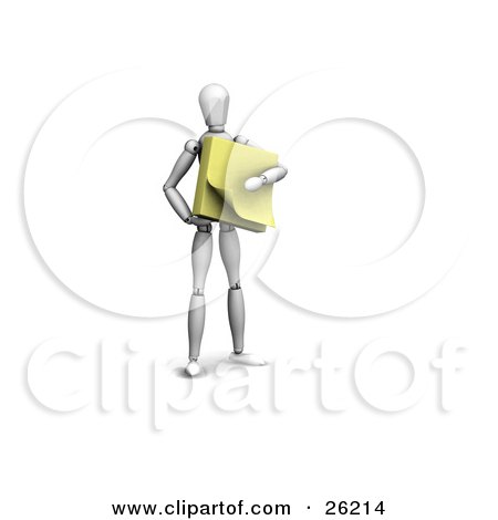 Clipart Illustration of a White Figure Character Holding A Pad Of Yellow Sticky Notes by KJ Pargeter