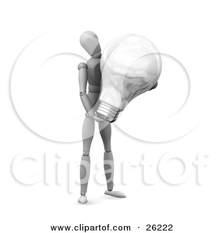 Clipart Illustration of a White Figure Character Carrying A Large White Electric Lightbulb by KJ Pargeter