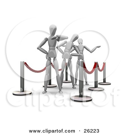Clipart Illustration of Three Impatient White Figure Characters Waiting In Line by KJ Pargeter