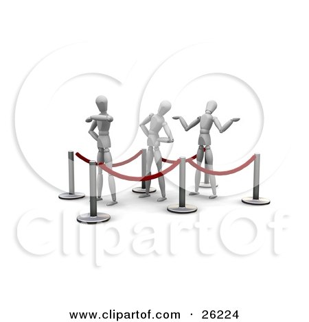 Clipart Illustration of Three White Figure Characters Waiting Impatiently In Line by KJ Pargeter