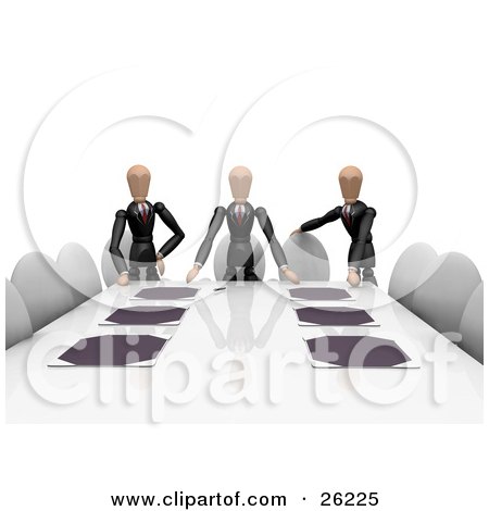 Clipart Illustration of Three Tan Figure Characters In Business Suits, Standing At The End Of A Conference Table by KJ Pargeter