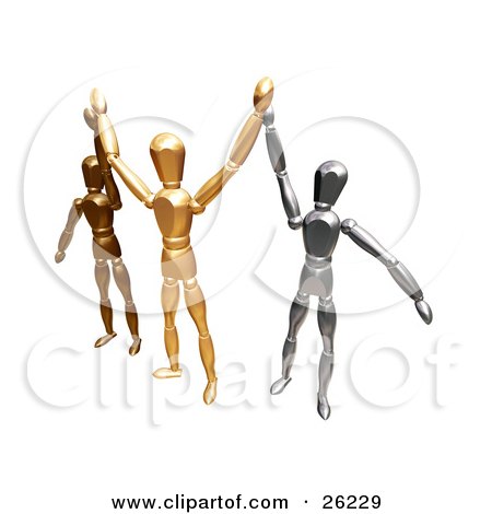 Clipart Illustration of Bronze, Gold And Silver Figure Characters Standing And Holding Their Arms Up by KJ Pargeter