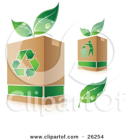 Clipart Illustration of a Green Leaf Wet With Dew By Two Recycle Boxes With Plants Sprouting From The Tops by beboy
