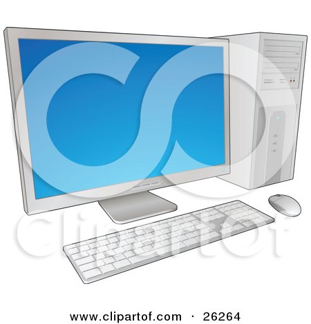 Clipart Illustration of a Desktop Computer With A Blue Flat Screen Monitor by beboy