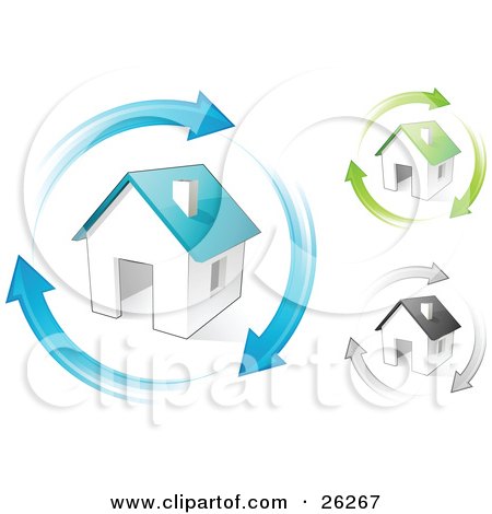Clipart Illustration of Blue, Green And Gray Homes With Matching Colored Arrows Circling Around Them, Symbolizing Remodeling, Real Estate Or Eco Friendly Housing by beboy
