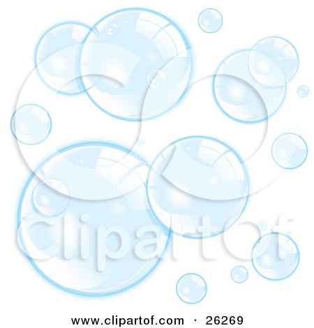 Clipart Illustration of a Background Of Reflective Blue Bubbles On White by beboy