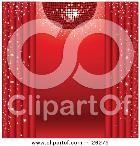 Clipart Illustration of a Sparkling Red Disco Ball Suspended Over A Red Stage With Red Curtains And Star Confetti by elaineitalia