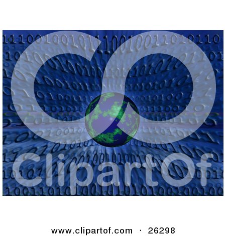 Clipart Illustration of a Blue And Green Planet Earth Hovering Over A Blue Scrunched Binary Code Background by KJ Pargeter