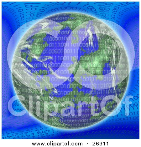 Clipart Illustration of Binary Code Of Zeros And Ones Over Planet Earth On A Blue Background by KJ Pargeter