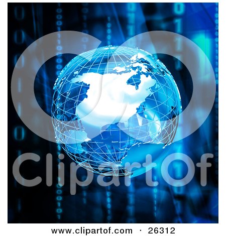 Clipart Illustration of a Silver Wire Frame Planet Earth Over A Background Of Vertical Binary Code Of Zeros And Ones With Blue And Black Colors by KJ Pargeter