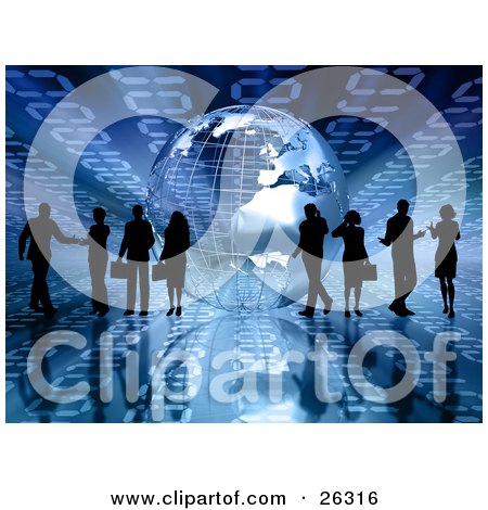 Clipart Illustration of Silhouetted Businesspeople Talking To Others Or On Cell Phones Near A Silver Wire Frame Globe On A Blue Binary Background by KJ Pargeter