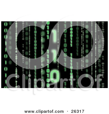 Clipart Illustration of Green Vertical Rows Of Binary Code Over A Black Background by KJ Pargeter