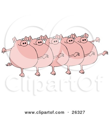 Clipart Illustration of Five Fat Pink Pigs Kicking Their Legs Up While Dancing In A Chorus Line by djart