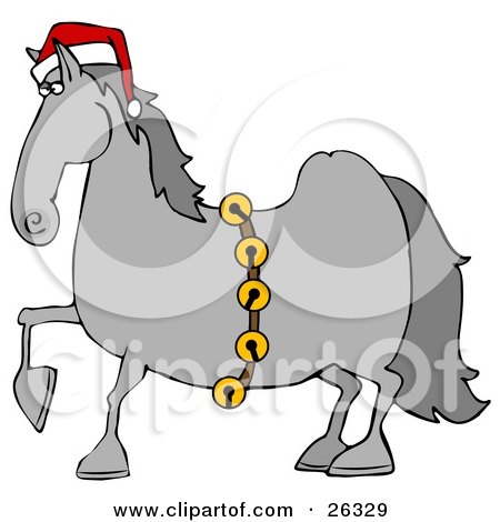 Clipart Illustration of a Handsome Gray Horse Decked Out In A Red Santa Hat And Golden Jingle Bells On Christmas by djart