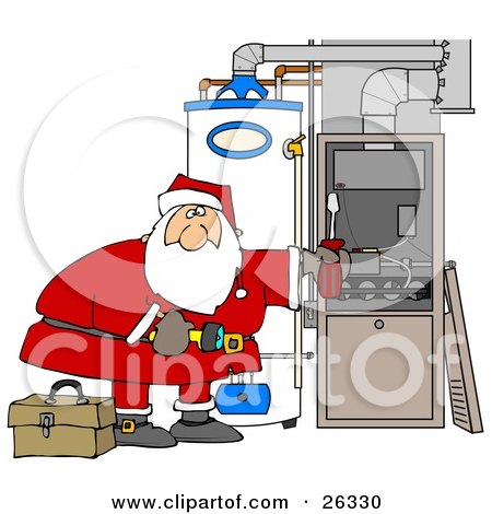 Clipart Illustration of Santa Bending Over And Repairing Wires In An Hvac System For Christmas by djart
