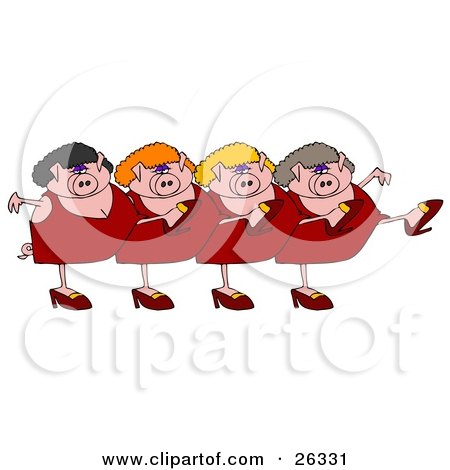 Clipart Illustration of Four Pink Lady Pigs In Dresses, Heels And Wigs, Kicking Their Legs Up While Dancing In A Chorus Line by djart