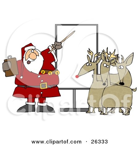 Clipart Illustration of Santa In Uniform, Pointing To A Blank Board And Discussing Christmas Flight Rules And Plans With Reindeer by djart