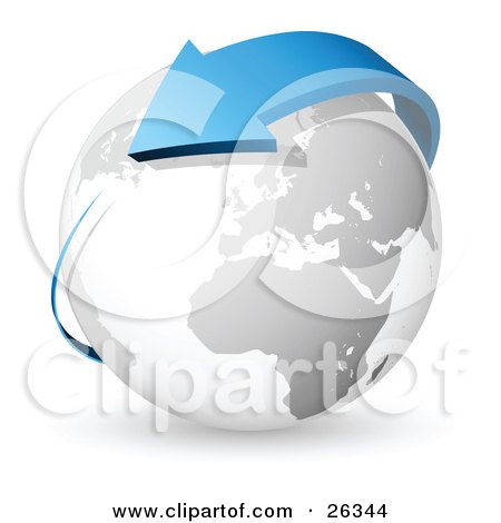 Clipart Illustration of a Blue Arrow Circling Around A White And Gray Earth by beboy