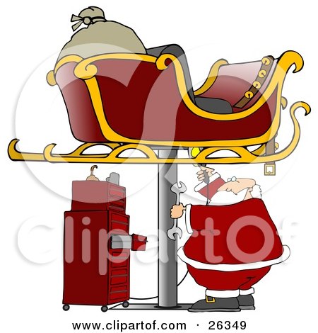 Clipart Illustration of a Sleigh Up On A Jack In A Garage With Santa Repairing It For Christmas Flight by djart