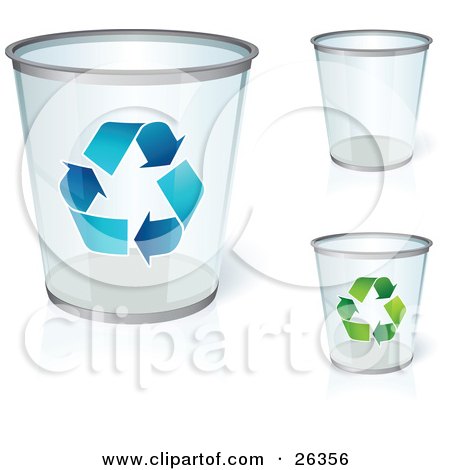 Clipart Illustration of Three Clear Trash Cans, One With Blue Recycle Arrows, One With Green Recycle Arrows, Over A White Background by beboy