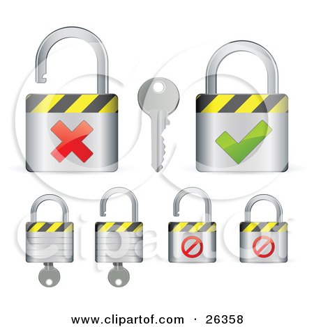 Clipart Illustration of a Group Of Locked And Unlocked Padlocks With Keys, Red X Marks And Green Check Marks by beboy
