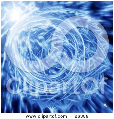 Clipart Illustration of a White And Blue Fractal Forming A Circle With Pointed Edges Over A Blurred Background And A Burst Of Light by KJ Pargeter