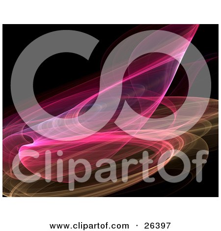 Clipart Illustration of a Wispy Pink And Yellow Fractal Curving Over A Black Background by KJ Pargeter